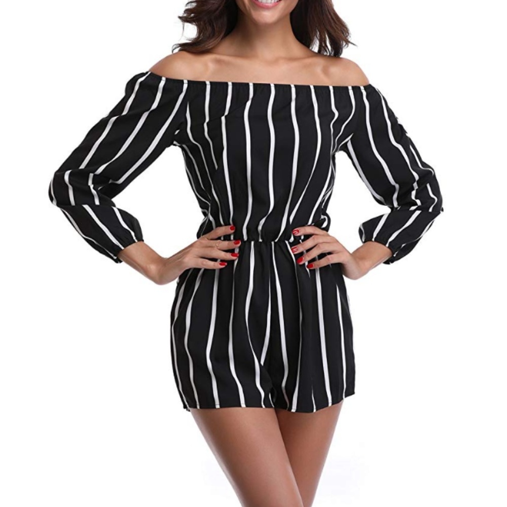 Womens "Molly" Off The Shoulder Mid Rise Romper - Picture 2 of 7